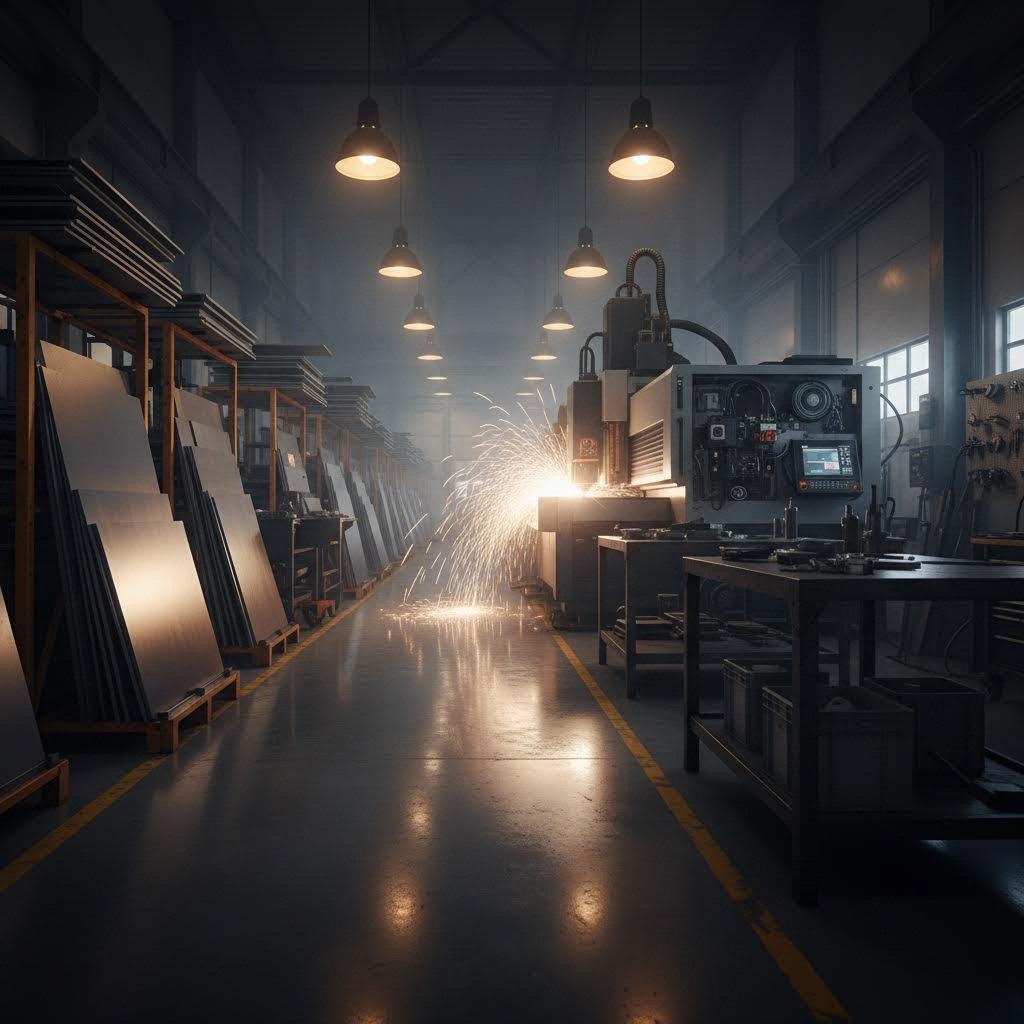 modern sheet metal fabrication facility with precision cutting equipment and organized material inventory