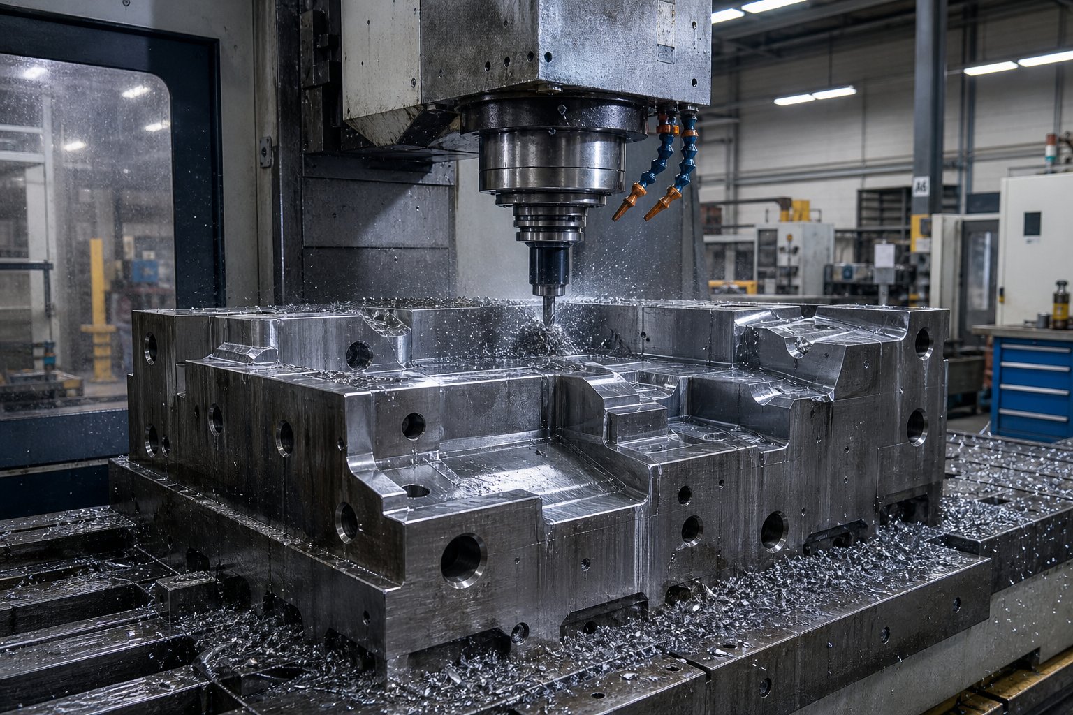 info-1-1 cnc machining center cutting precision features into a stamping die block during the manufacturing process