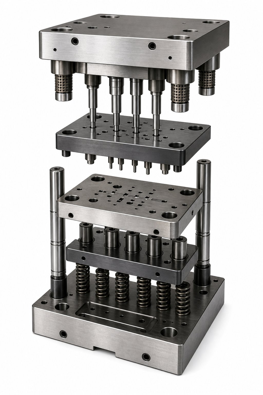 info-1-1 exploded view of a stamping die assembly showing upper shoe punches stripper plate lower shoe and guiding systems