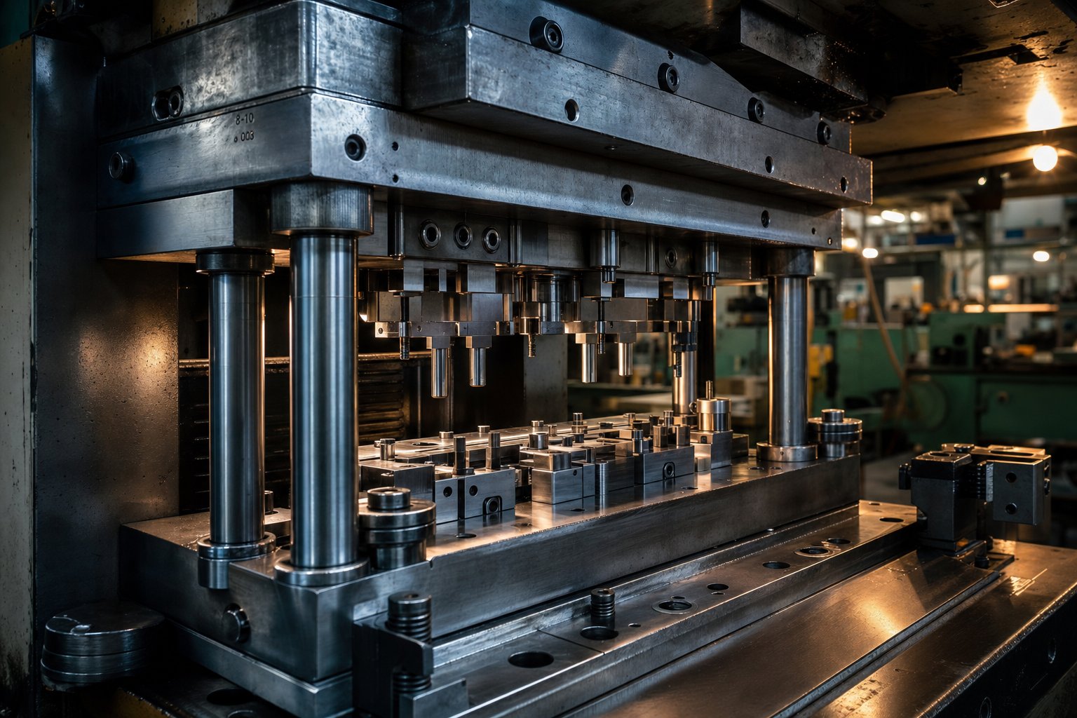 info-1-1 precision metal stamping die assembly mounted in an industrial press showing key components that determine tool life and part quality