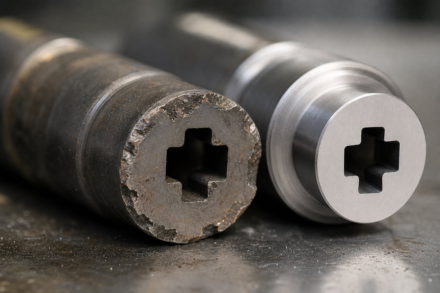 info-1-1 worn stamping die punch with visible edge chipping compared to a new replacement illustrating common failure patterns