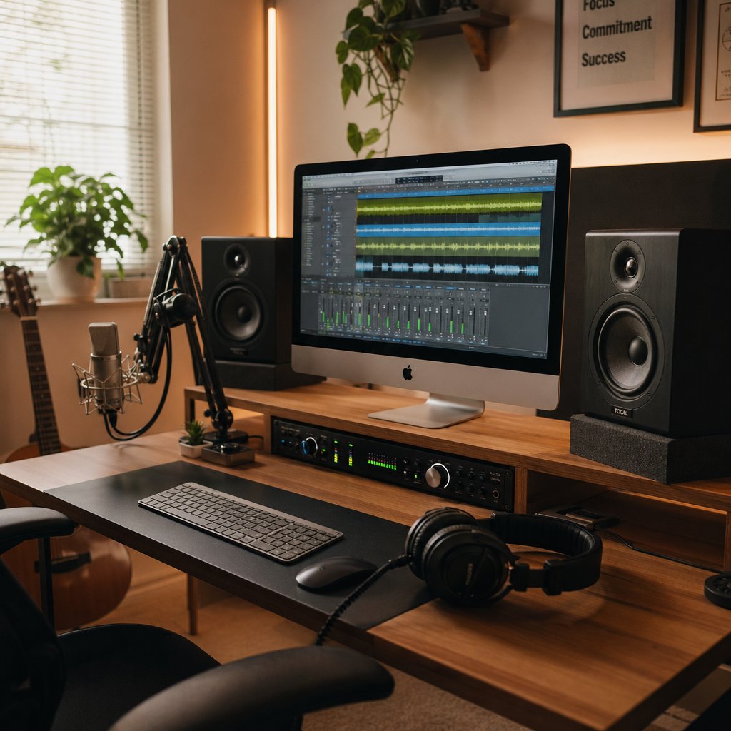 a complete mac home studio with audio interface microphone headphones and studio monitors