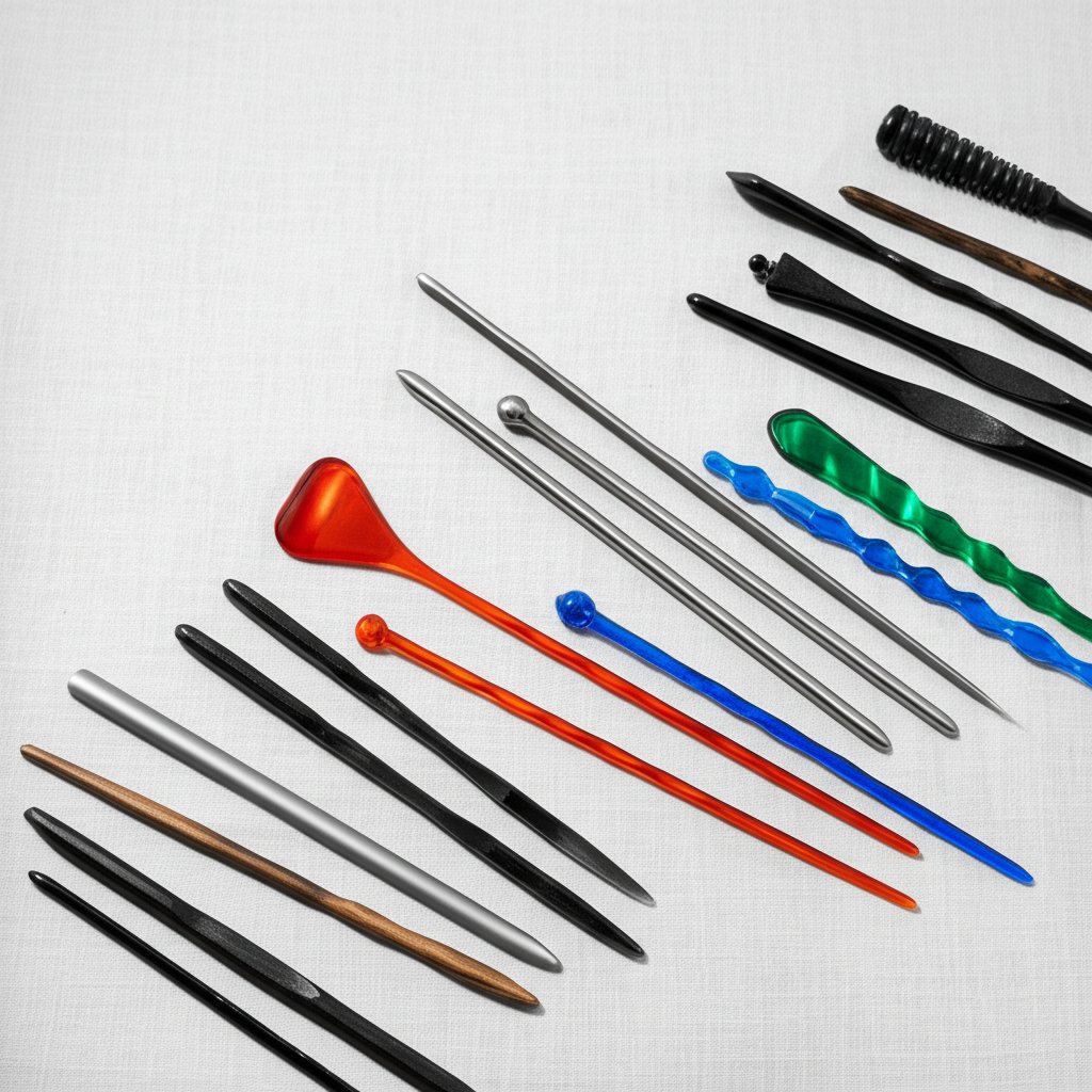 an assortment of wholesale hair sticks in wood metal and acetate