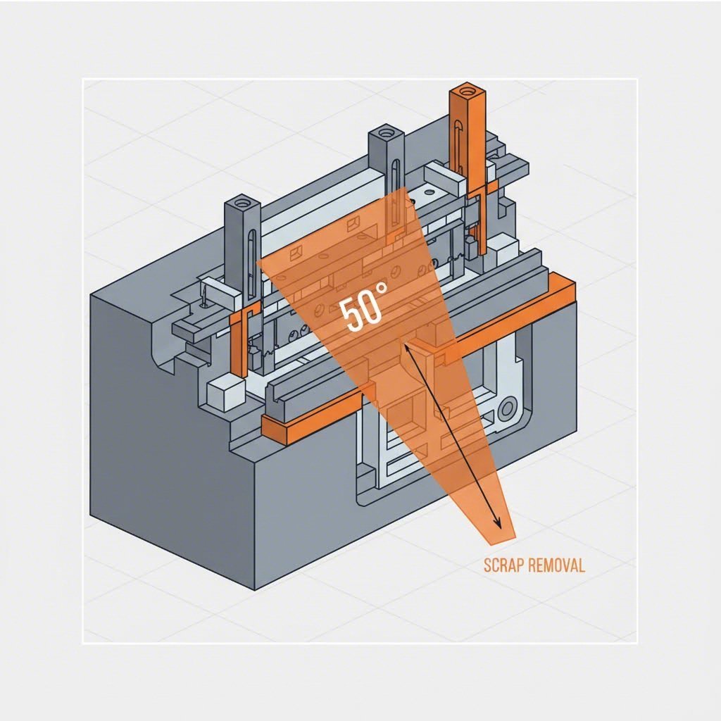 Die design diagram emphasizing efficient scrap disposal angles to prevent jamming