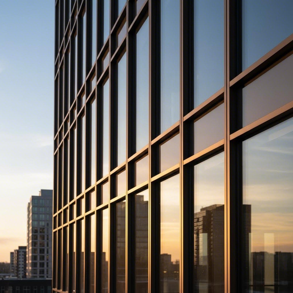 architectural curtain wall system featuring custom aluminum extrusion profiles