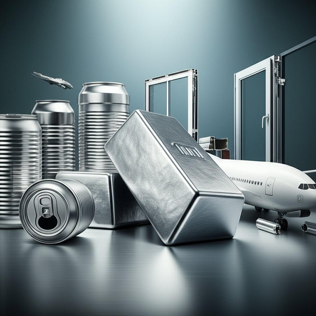 aluminum ingot and common products showcasing its metallic properties