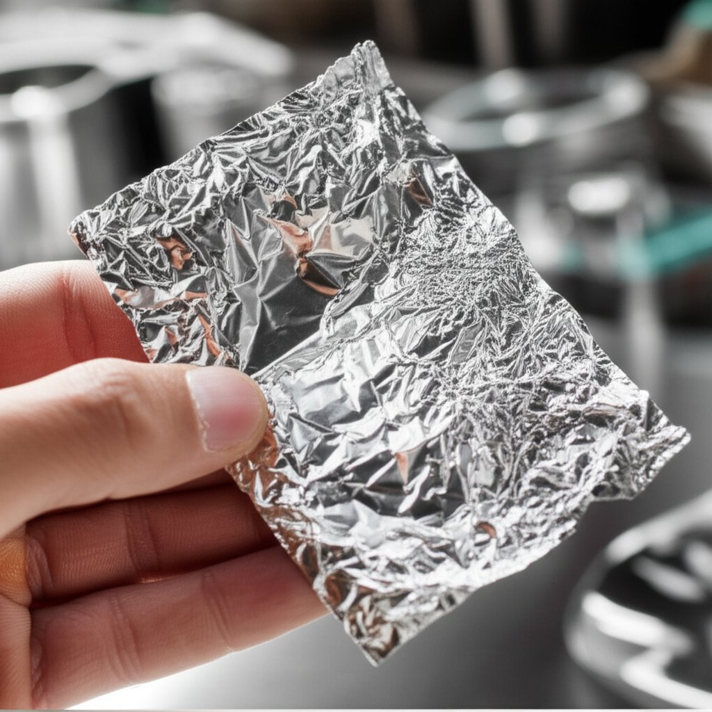 hand holding aluminum foil highlighting metallic luster and flexibility