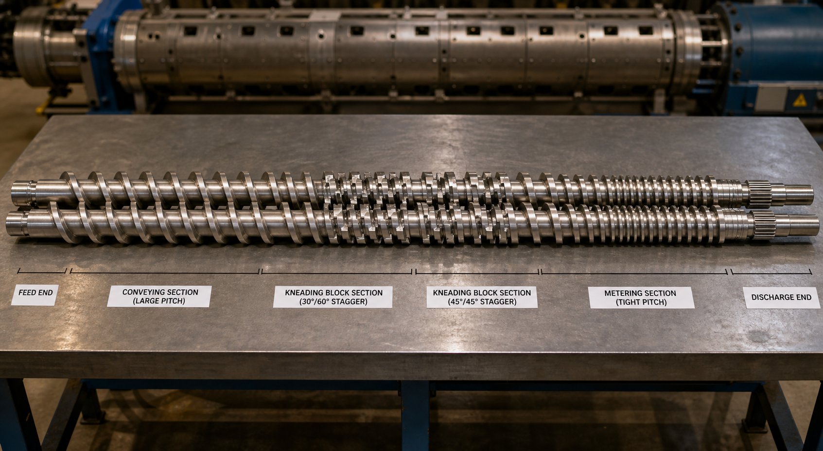 complete twin screw profile assembly showing zone by zone element arrangement from feed to discharge
