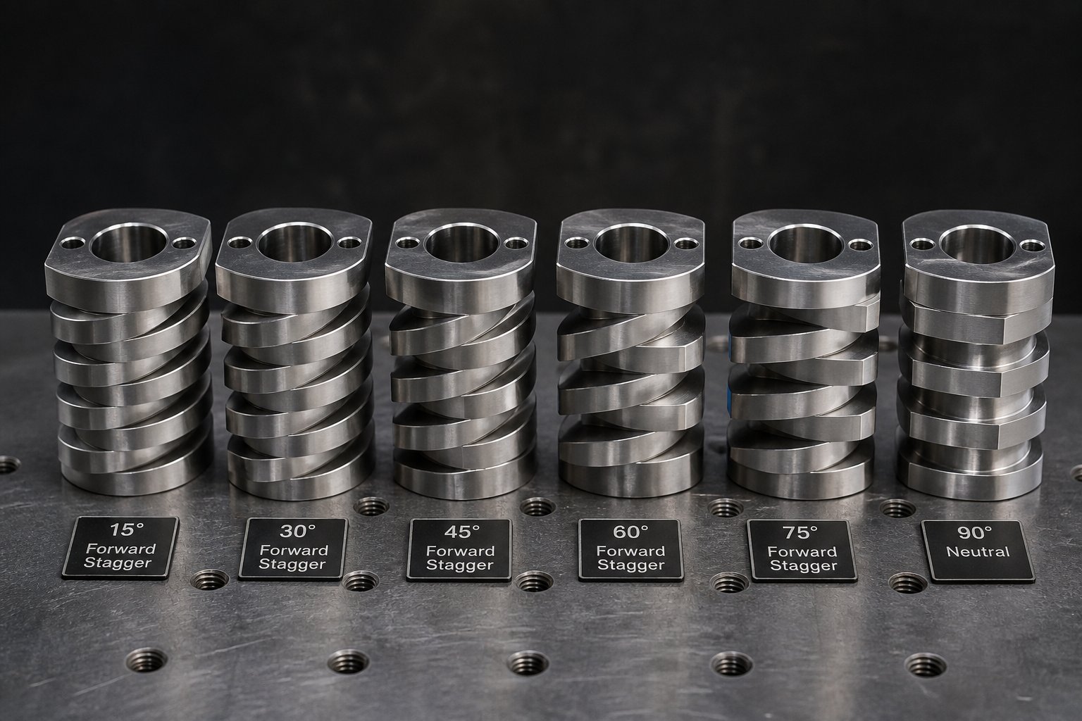 kneading disc blocks showing progressively increasing stagger angles from forward conveying to neutral configuration