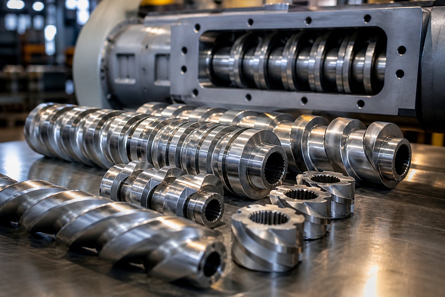 modular twin screw elements including conveying segments and kneading blocks ready for screw profile assembly