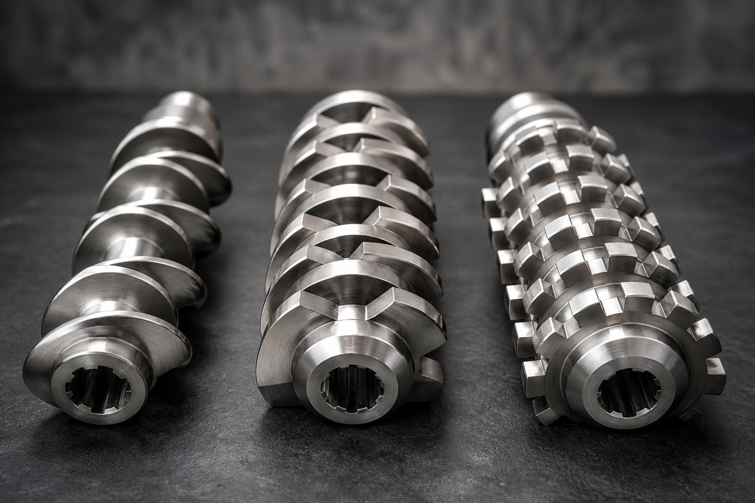 three main twin screw element types %E2%80%94 conveying kneading and mixing %E2%80%94 showing distinct geometric profiles