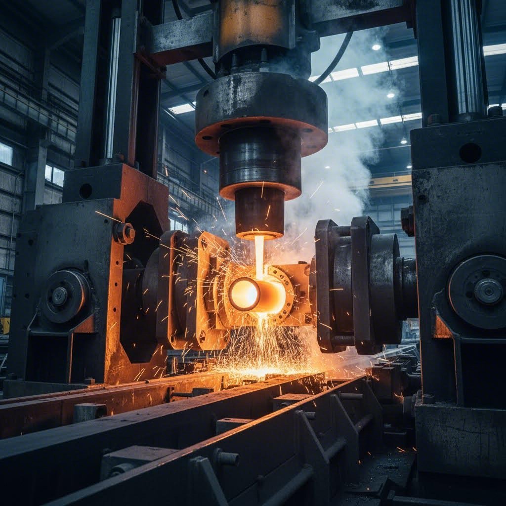 aluminum extrusion pipe manufacturing process showing heated metal forming through precision dies