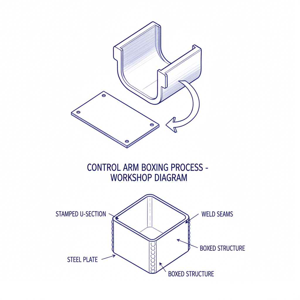 an illustration of the boxing technique used to reinforce a stamped steel control arm for improved rigidity