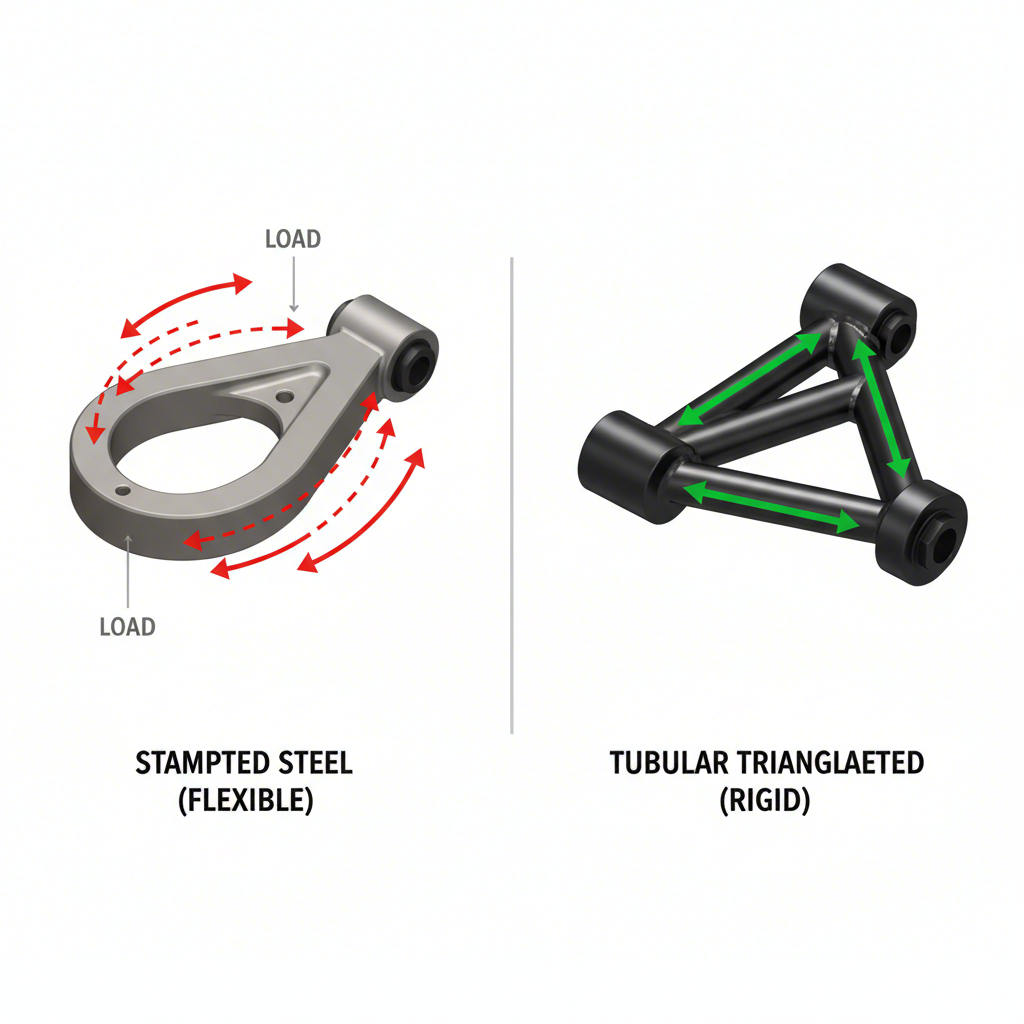 comparison diagram showing the structural difference and rigidity between stamped steel and tubular control arms