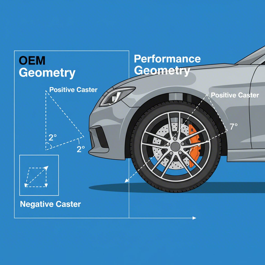 a diagram explaining how suspension caster angle impacts vehicle stability and steering