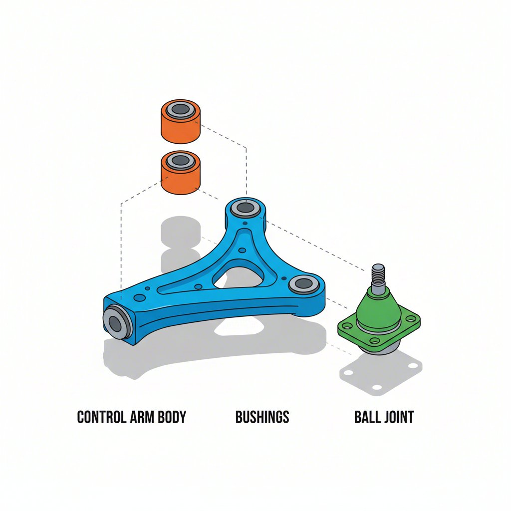 an exploded diagram showing the key components of a control arm the arm bushings and ball joint