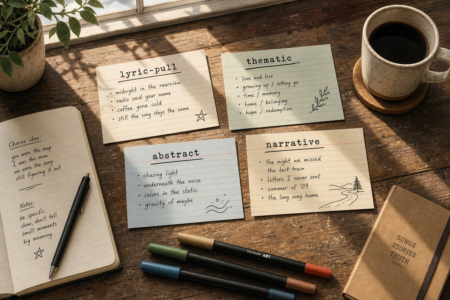 organized categories of song title types laid out as part of a songwriter's creative brainstorming process