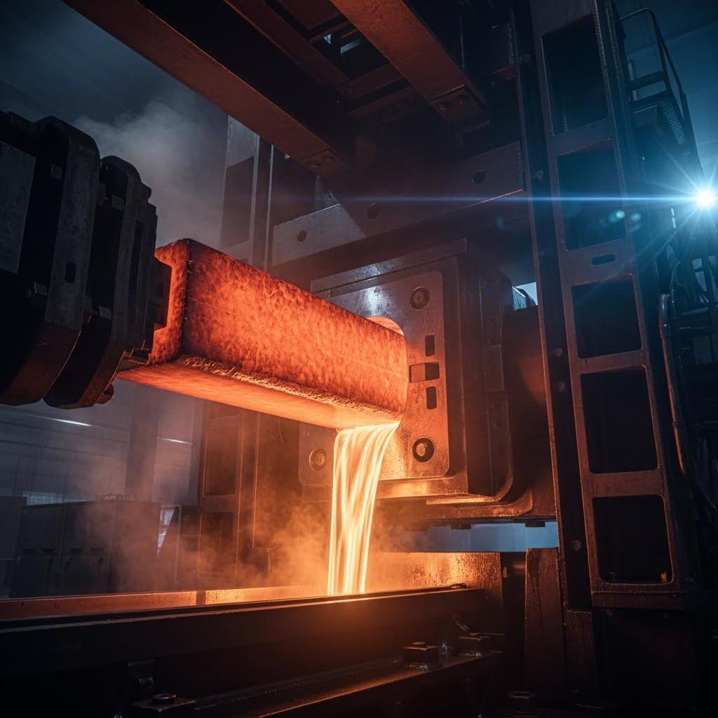 aluminum extrusion press forcing heated billet through precision die to create continuous profiles