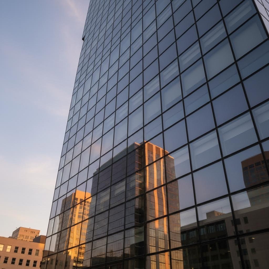 architectural curtain wall system featuring extruded aluminum framing and glass panels