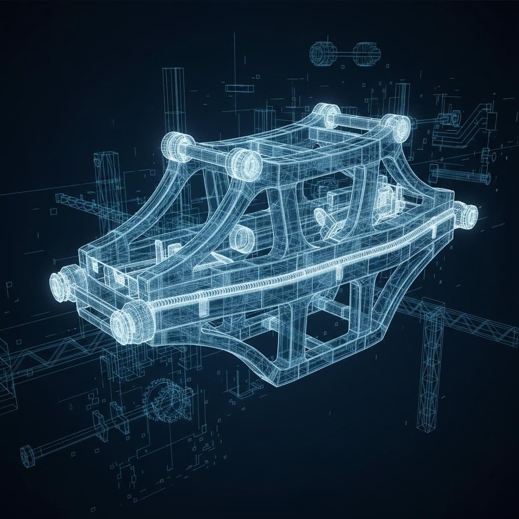 3D engineering visualization of a stamped steel suspension subframe showing welded clamshell construction