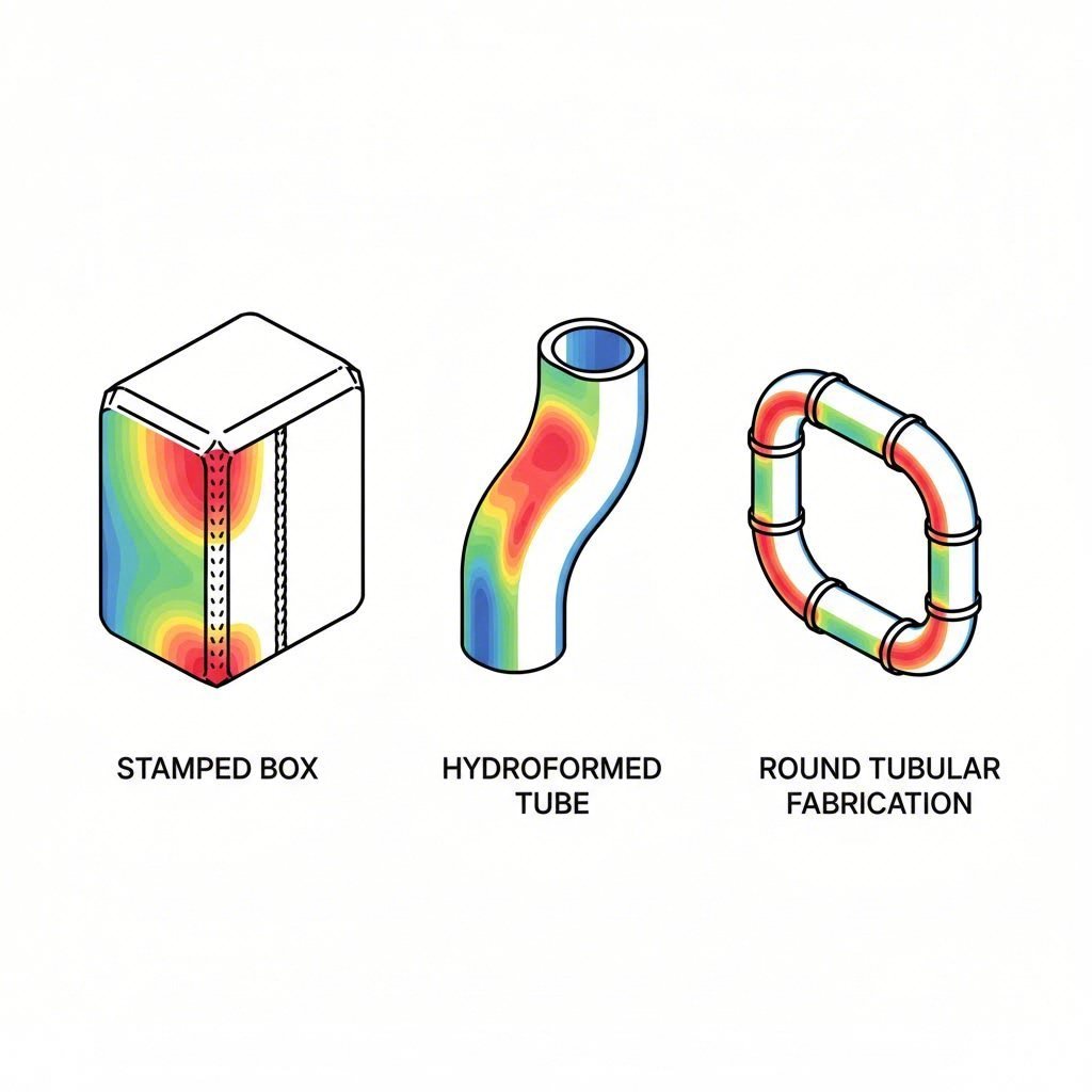 Cross section comparison of stamped hydroformed and tubular subframe profiles