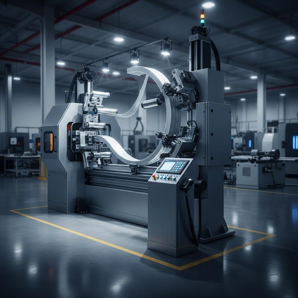 cnc aluminum extrusion bending machine shaping curved profiles in a modern fabrication facility