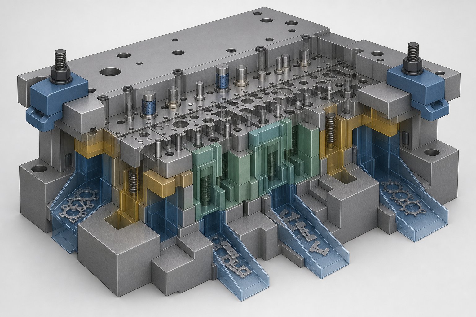 die design layout showing clamping zones lifter positions and scrap chute clearances in a progressive stamping die