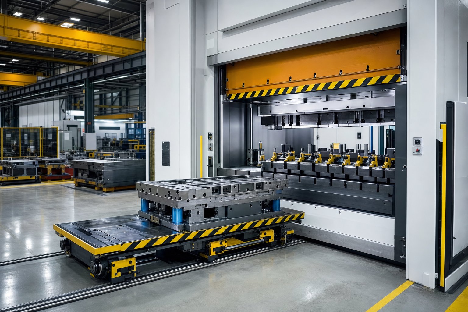 hydraulic quick release die clamps integrated with a rolling bolster system for rapid die changeover