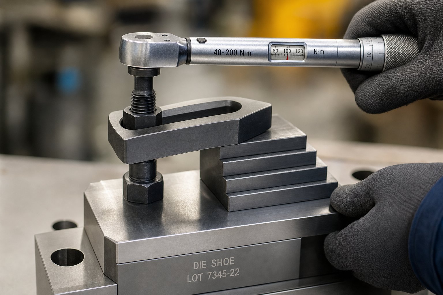 proper torque wrench application during stamping die clamp installation on a press bolster
