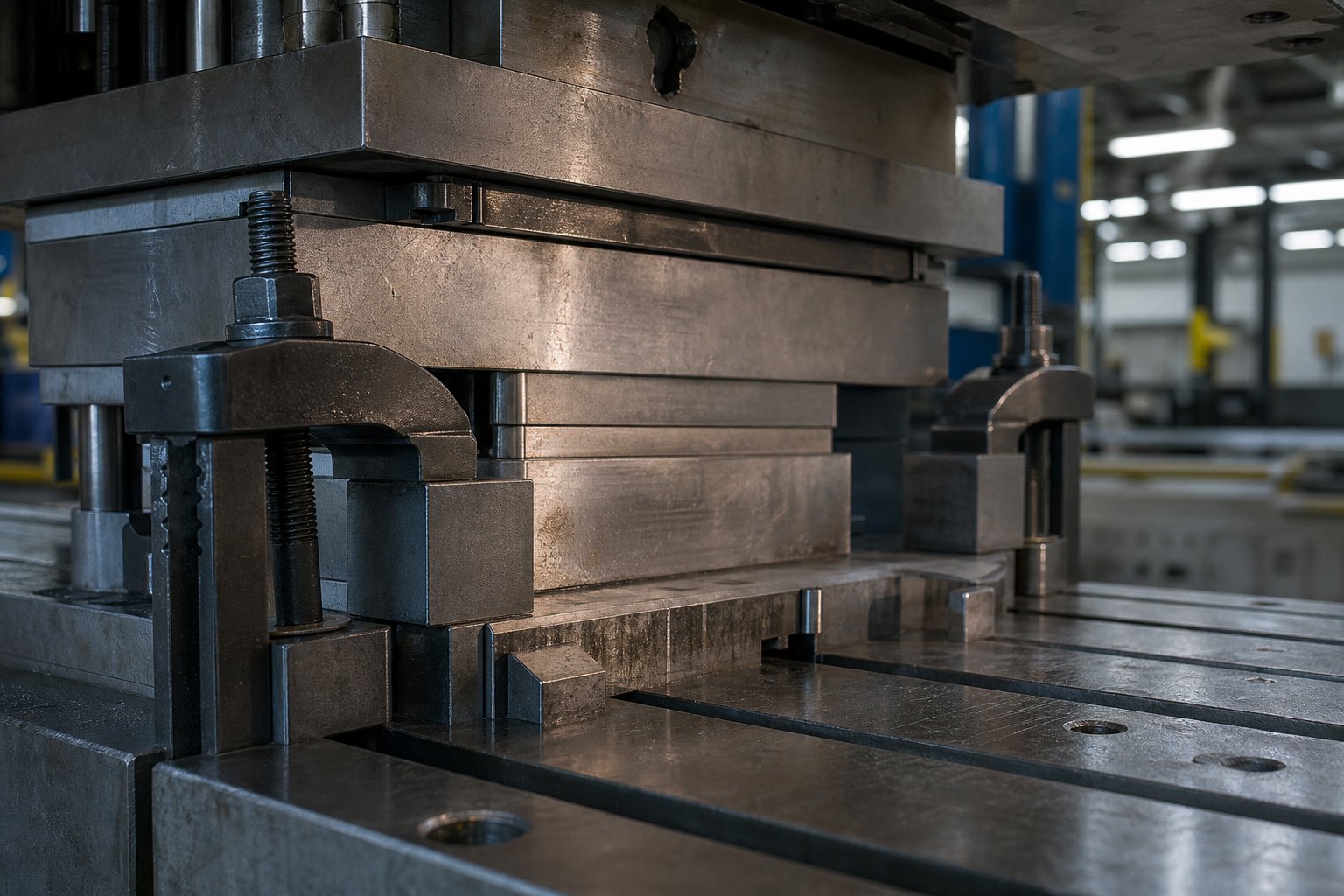 stamping die clamps securing upper and lower die halves to the press bolster and ram