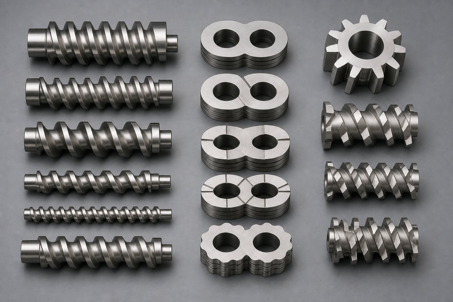 different screw element types including conveying segments kneading blocks and toothed mixing elements displayed for comparison