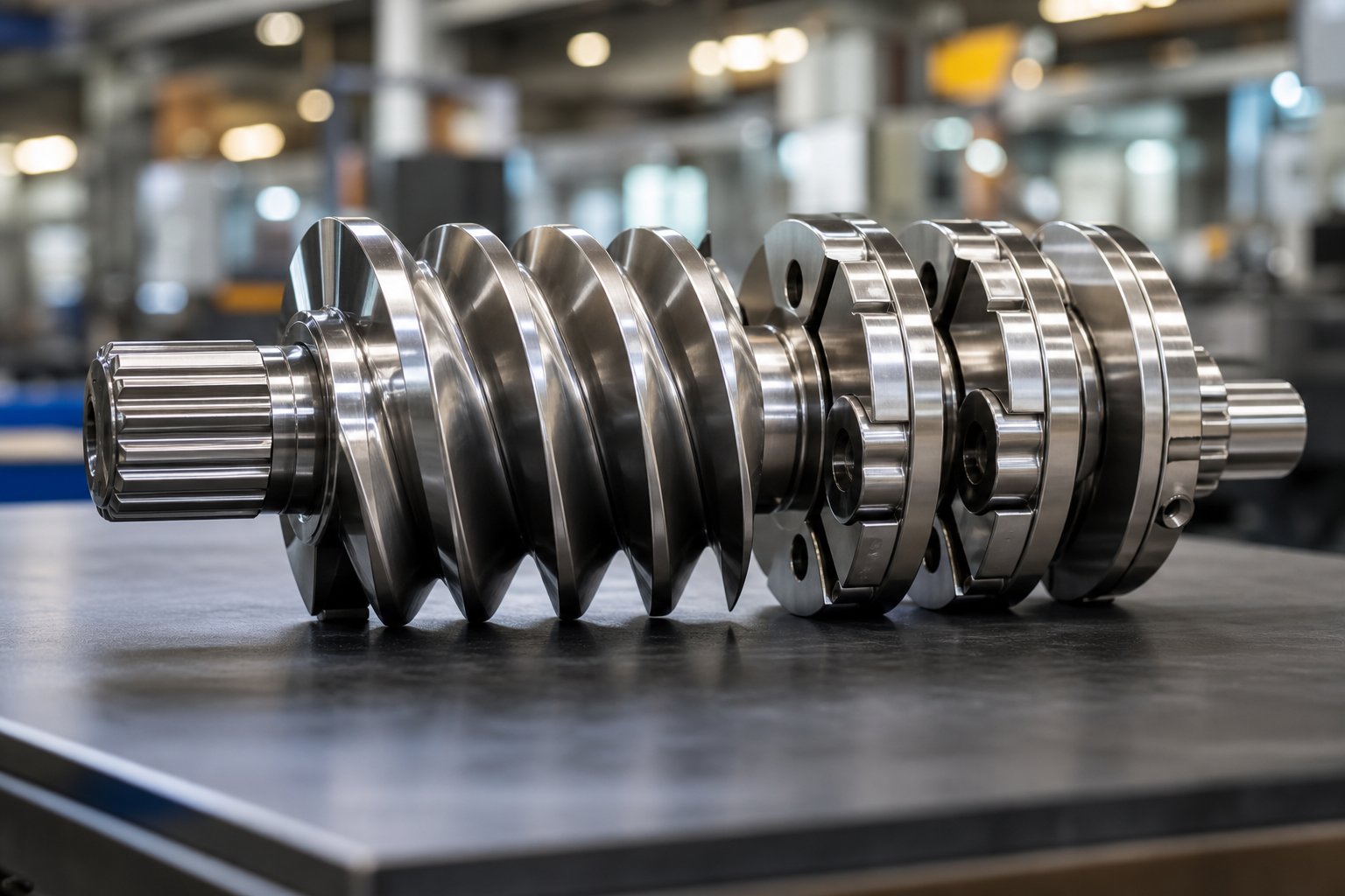 modular screw elements lined up on a splined shaft showing conveying segments and kneading blocks used in twin screw extrusion