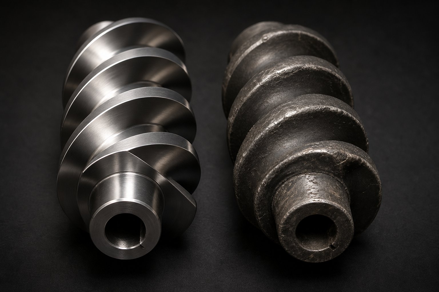 new versus worn screw elements showing how surface erosion and edge rounding degrade processing performance over time