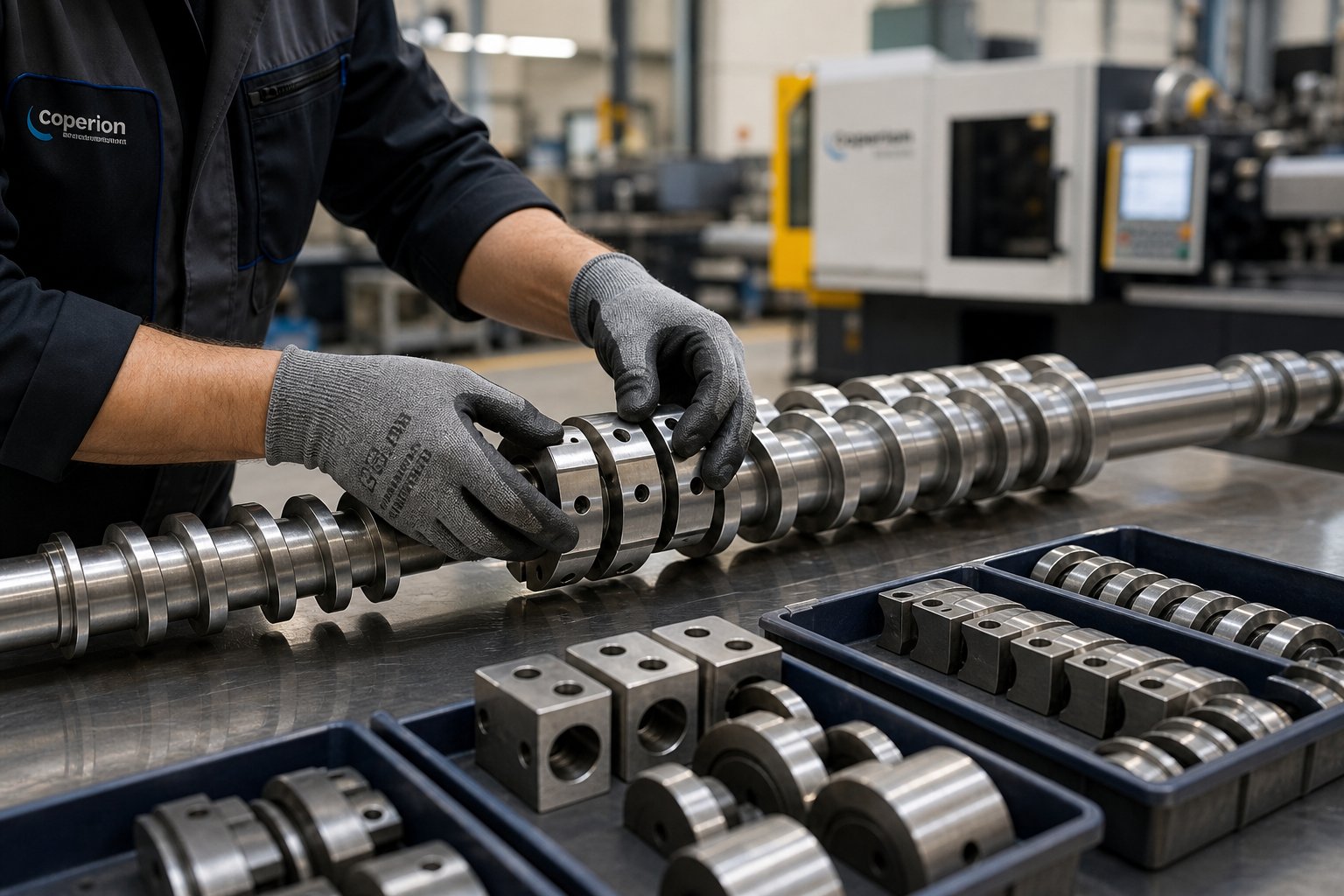 technician assembling modular screw elements onto a shaft demonstrating the reconfigurable design used in compounding and recycling applications