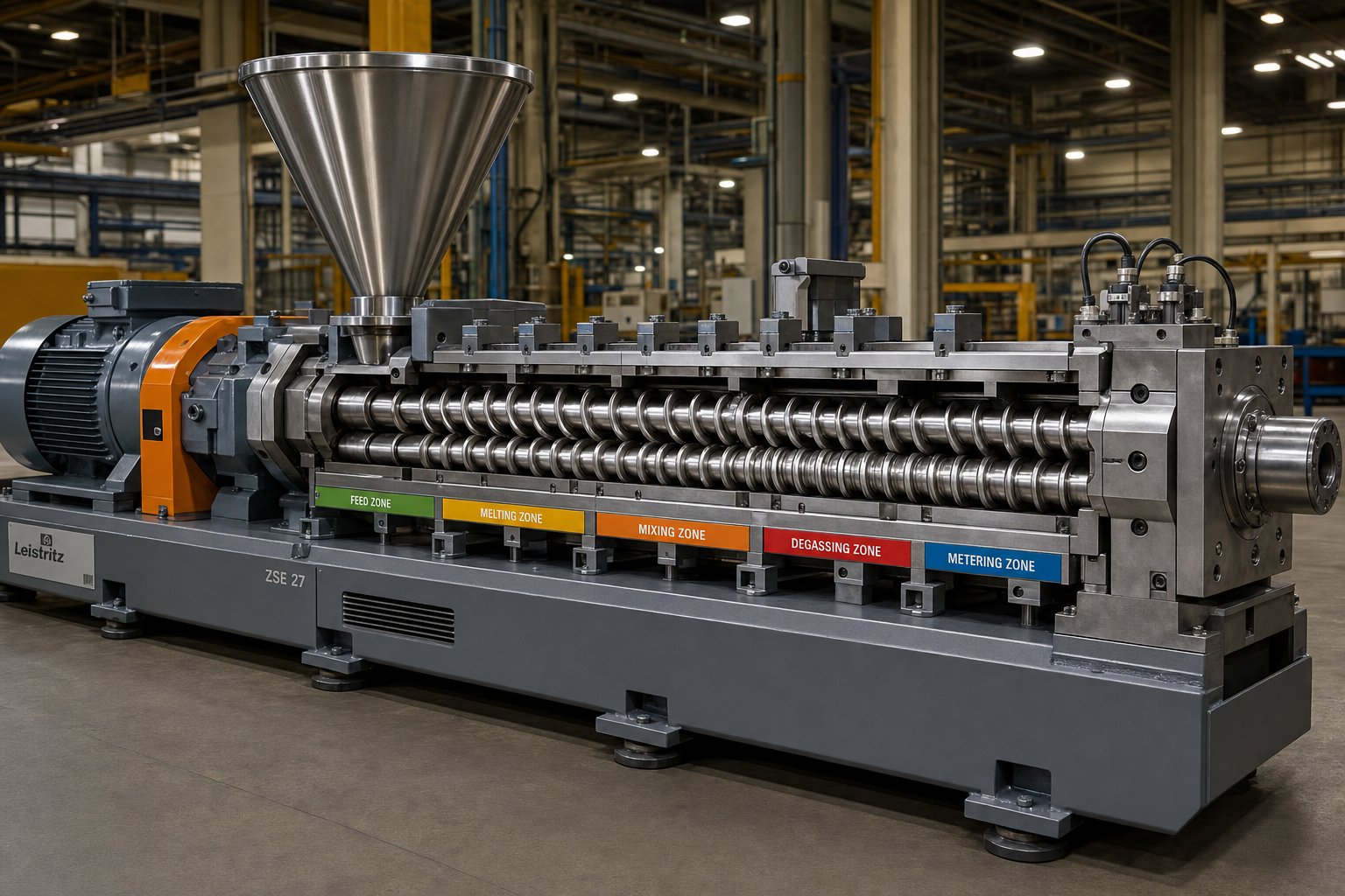 twin screw extruder with barrel sections revealing how screw elements are arranged across different processing zones