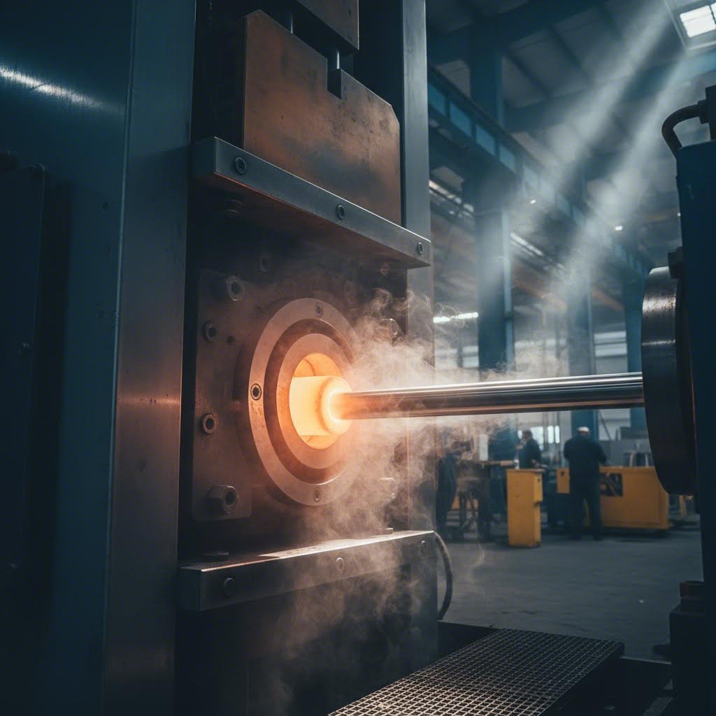 aluminum rod emerging from an extrusion die under high pressure in a manufacturing facility