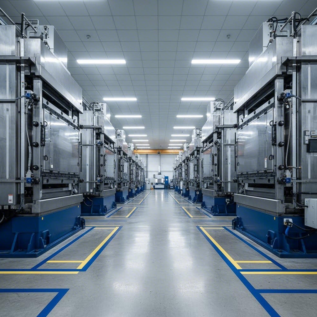 modern extrusion facility with multiple press lines for aluminum rod production