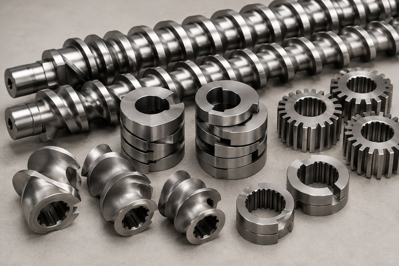 assorted twin screw extruder screw elements including conveying elements kneading blocks and mixing elements