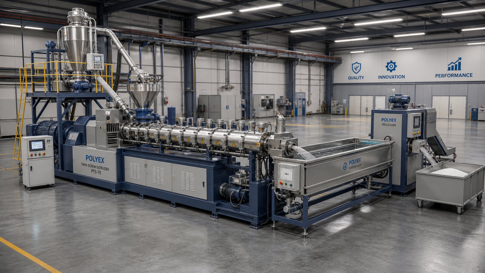 complete twin screw extrusion production line from feeder system through extruder to downstream pelletizing equipment