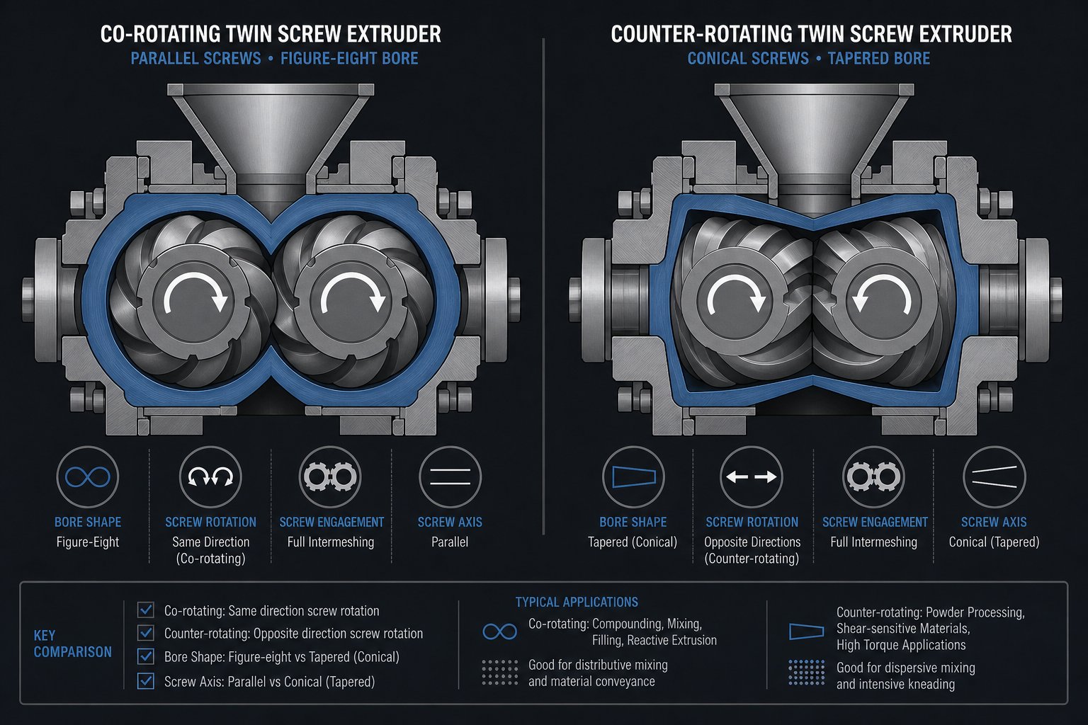 cross section comparison of co rotating and counter rotating twin screw extruder configurations