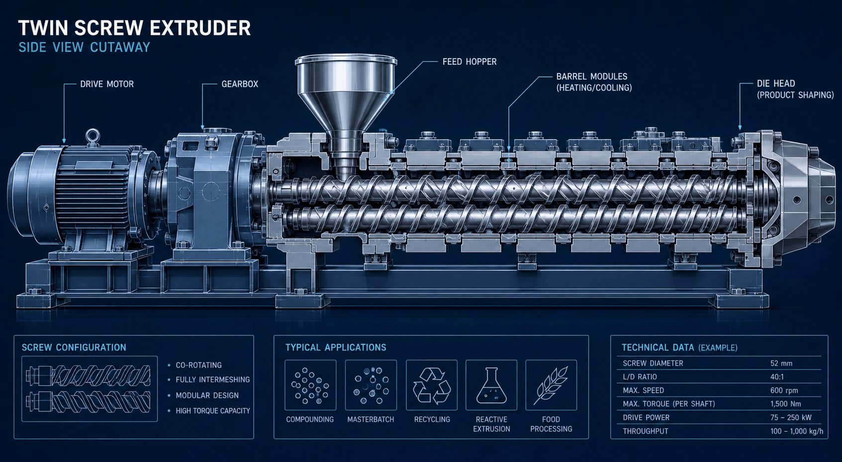 cutaway schematic view of a twin screw extruder showing internal components from drive motor to die head