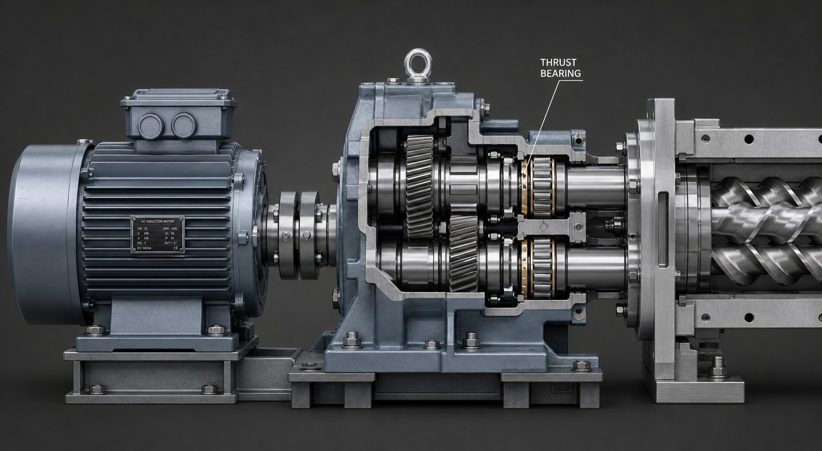 drive end assembly of a twin screw extruder featuring motor coupling gearbox and thrust bearing arrangement