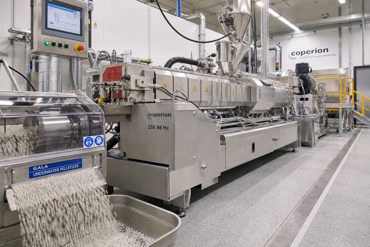 a twin screw compounding extruder production line converting raw polymer and additives into uniform pelletized compound