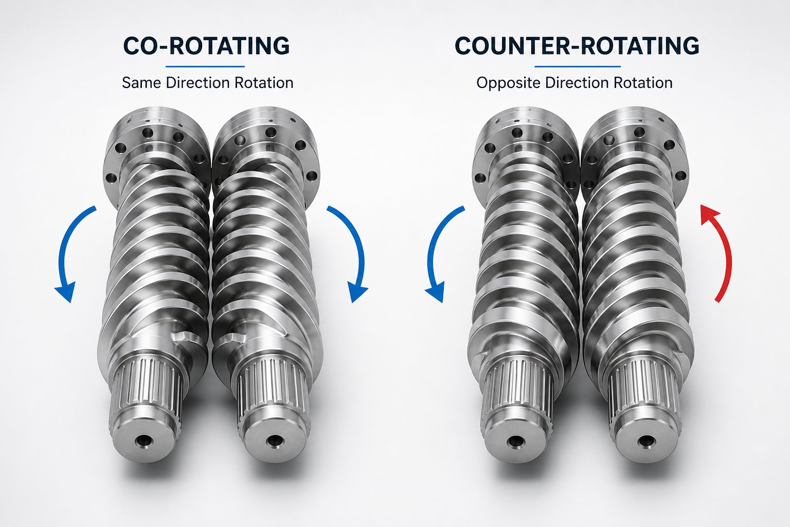 co rotating versus counter rotating twin screw configurations showing opposite rotation directions and screw engagement patterns