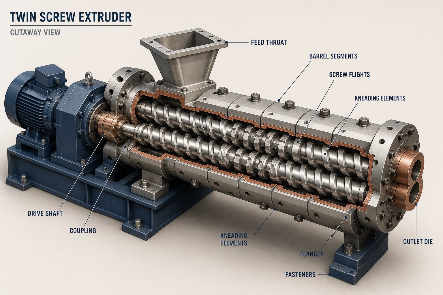 cutaway view of a twin screw extruder revealing the modular barrel segments and intermeshing screw assembly