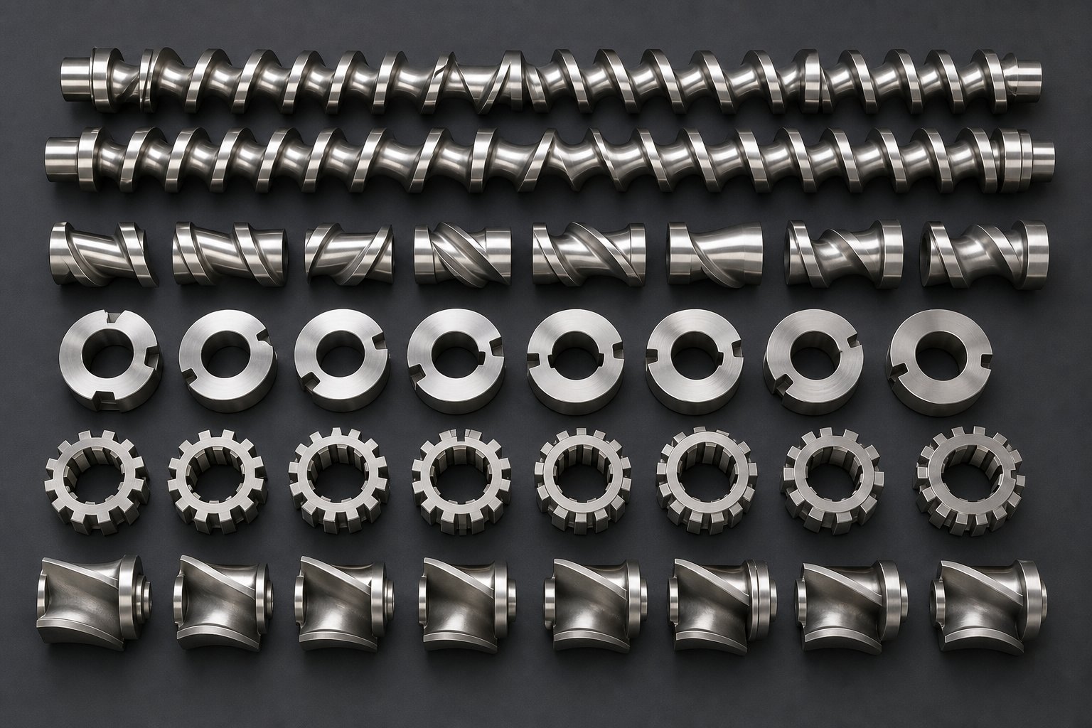 individual screw elements including conveying flights kneading blocks and mixing components used to build custom twin screw profiles