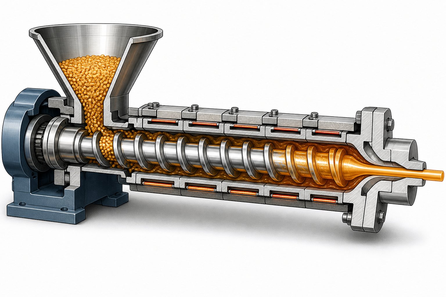 cross section view of a single screw extruder showing material flow from hopper through barrel to die exit