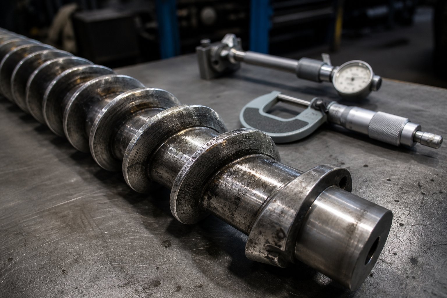 worn extruder screw alongside precision measuring tools used for wear inspection and maintenance