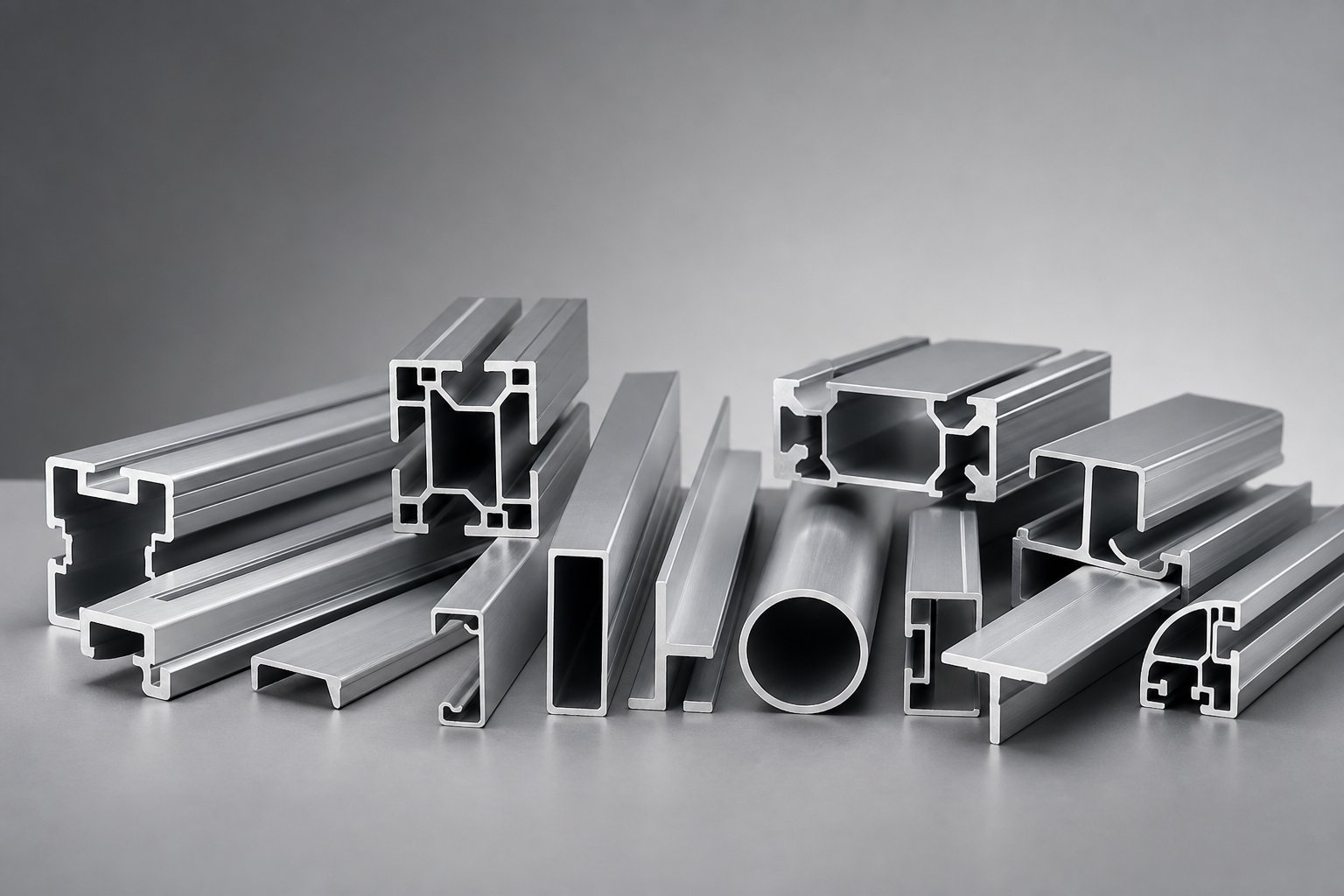 6063 aluminum extrusion profiles showcasing diverse architectural shapes and premium surface finish