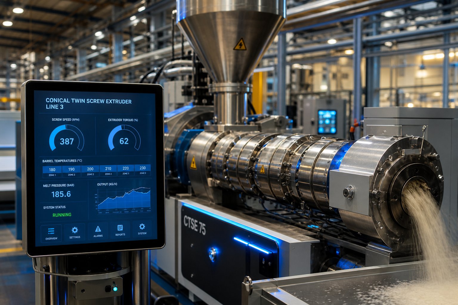 modern conical twin screw extrusion line equipped with digital monitoring for optimized process control